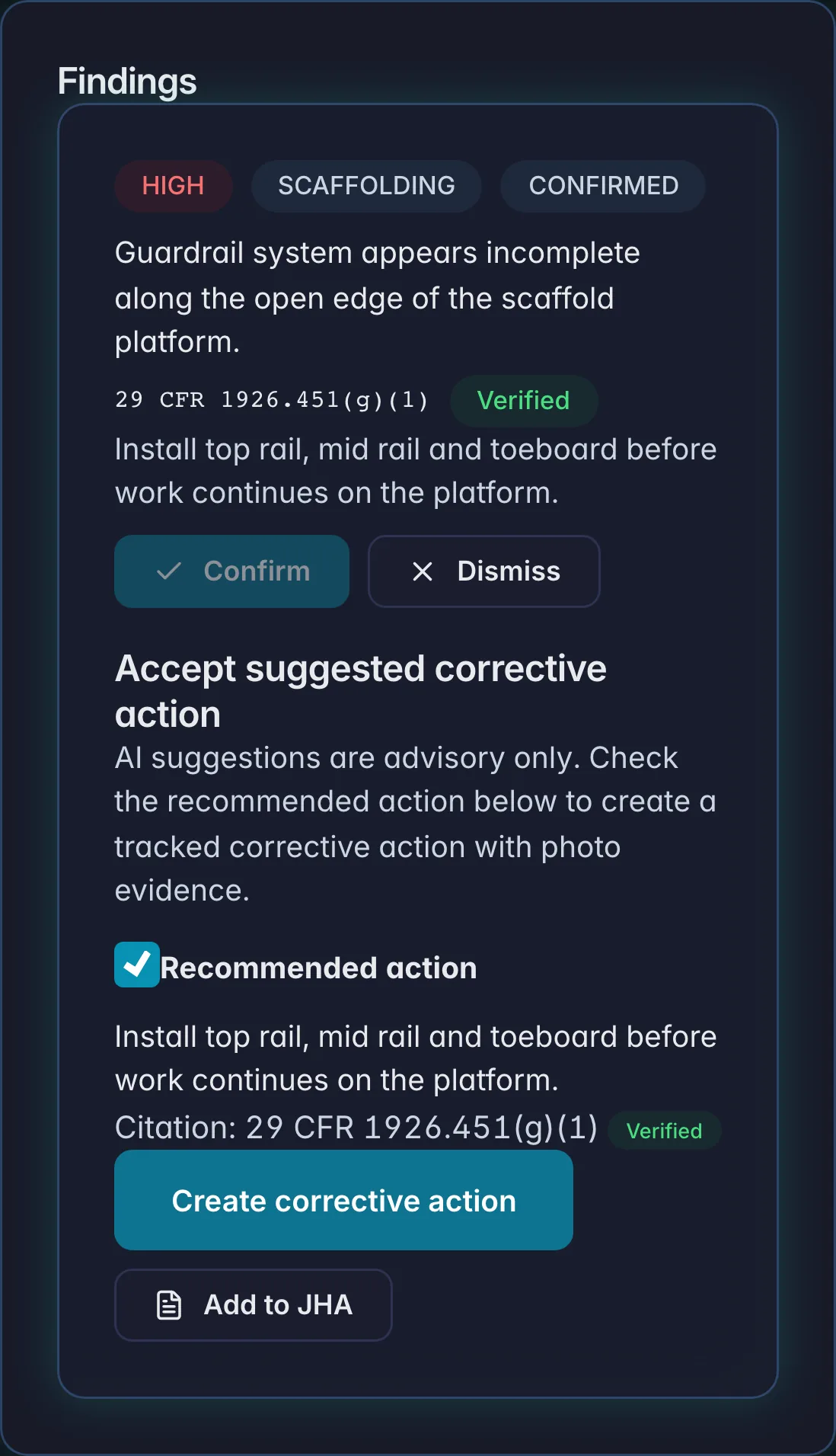 The supervisor confirmed the finding; the panel 'Accept suggested corrective action' says AI suggestions are advisory only, with the recommended action checked and Create corrective action enabled.