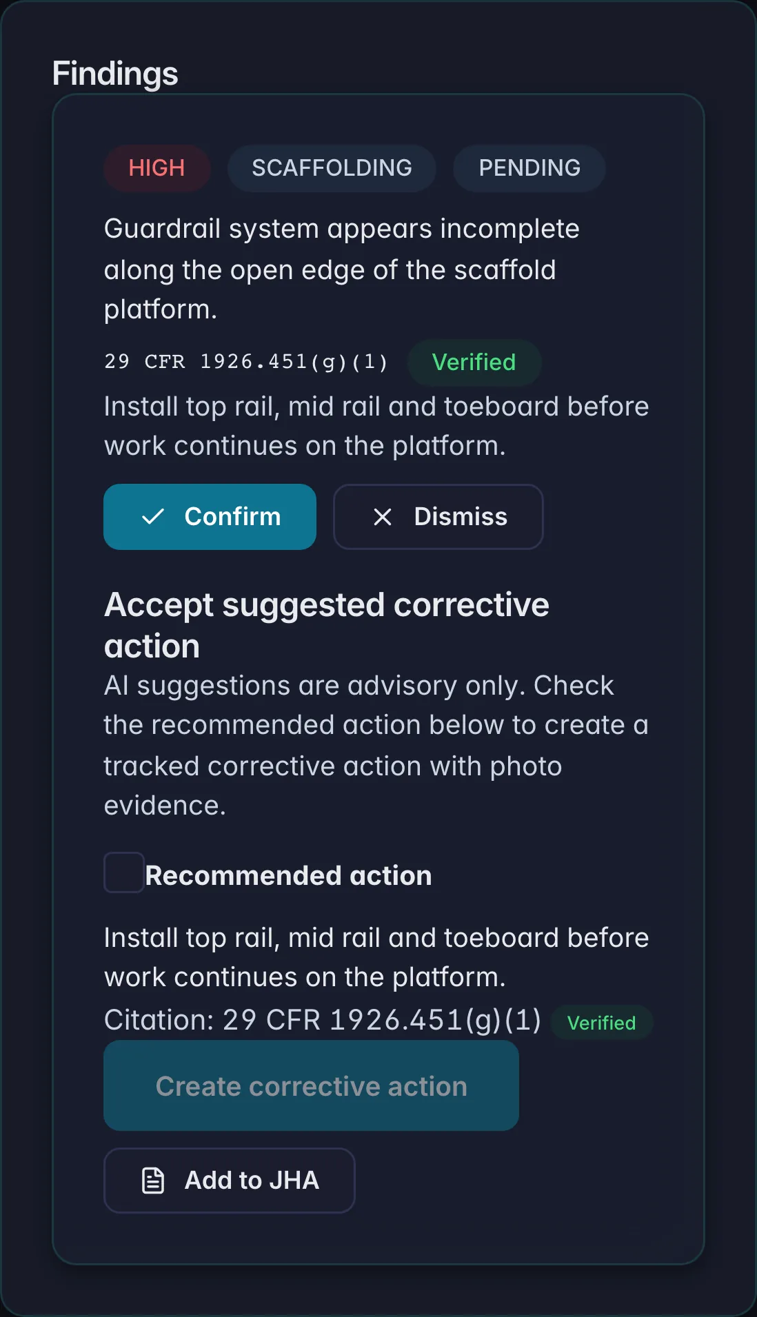 The Site Scan finding card: HIGH, SCAFFOLDING, PENDING; guardrail system appears incomplete; 29 CFR 1926.451(g)(1), Verified; recommended action; Confirm and Dismiss buttons.