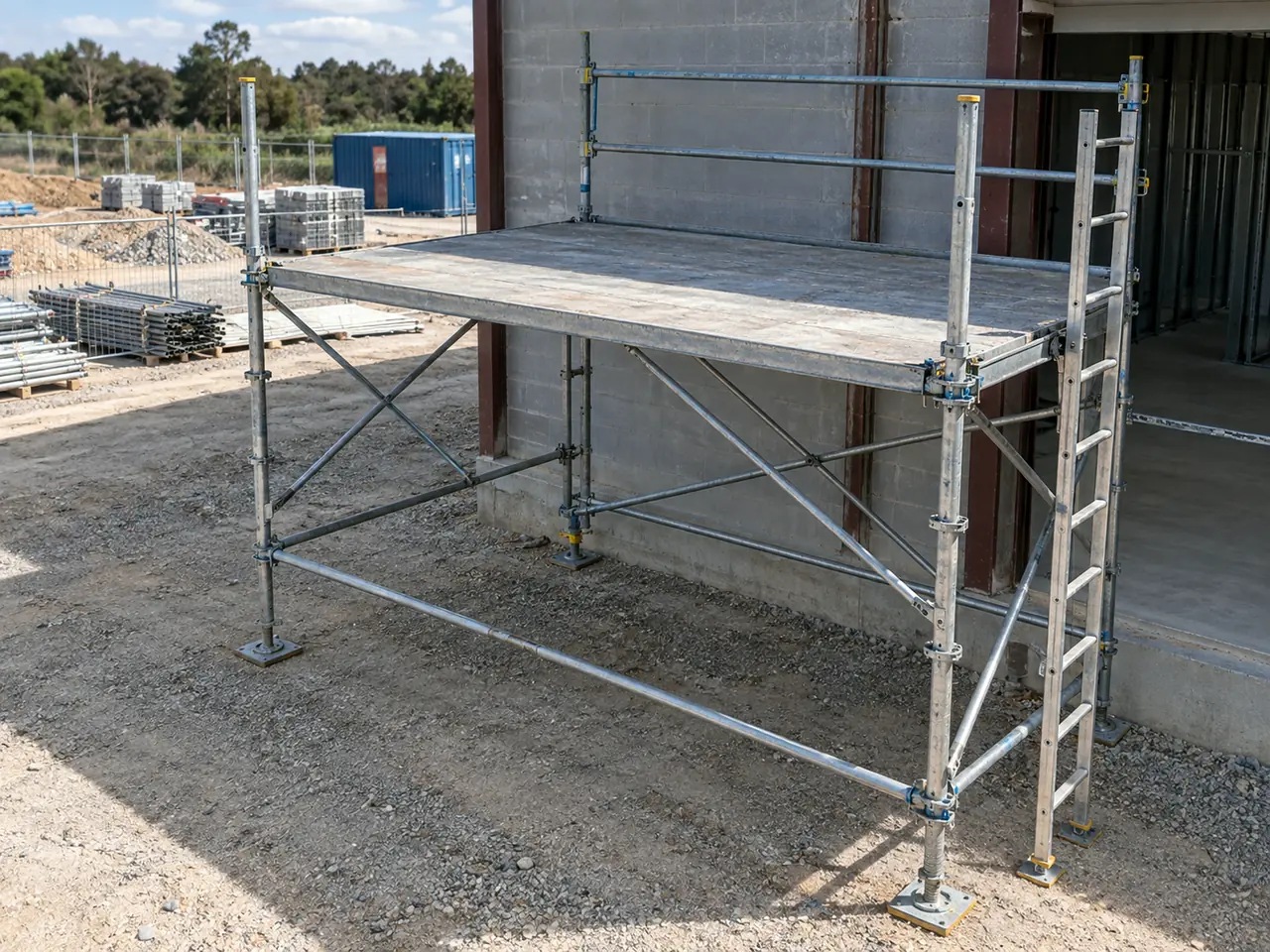 A scaffold platform with its front edge open and no guardrail (illustrative AI-generated photograph).