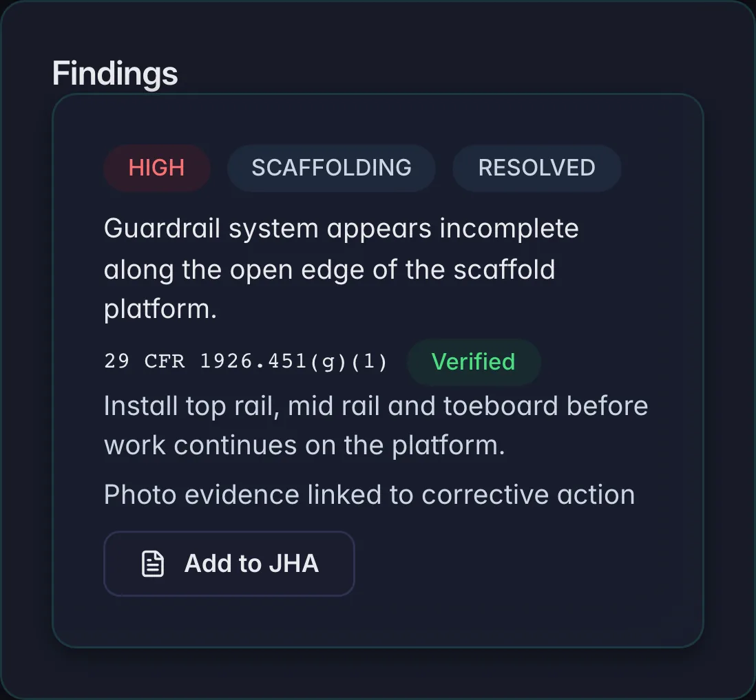The finding resolved, with the line 'Photo evidence linked to corrective action' and an Add to JHA button.